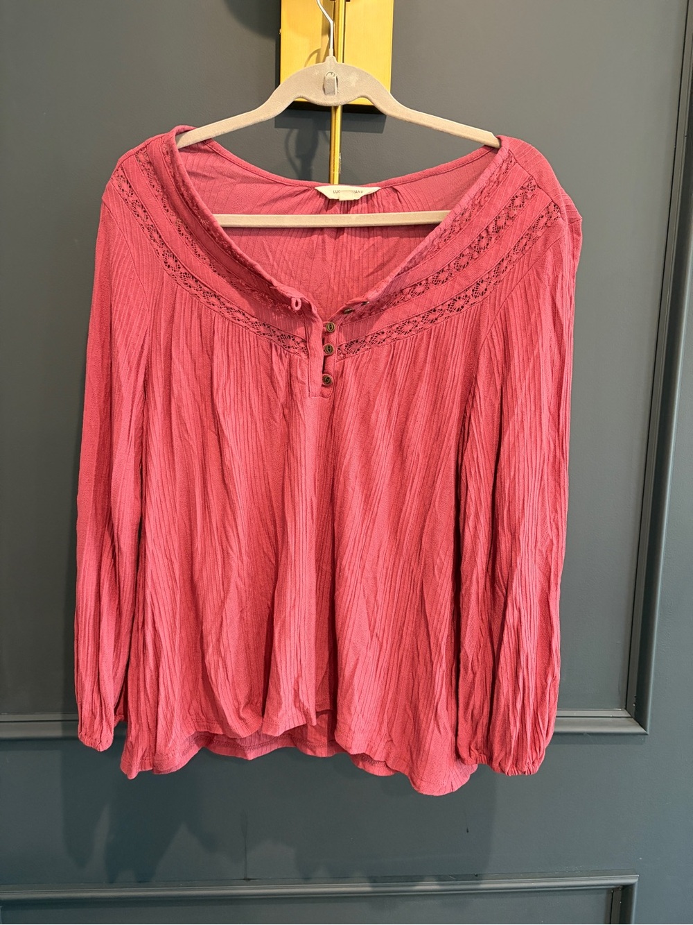 Lucky Brand Rose Pink Peasant Tunic with Lace Detail Size M